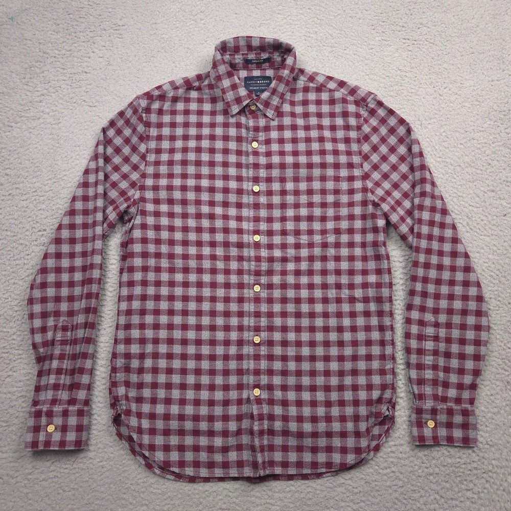Lucky Brand Saturday Stretch Flannel Shirt Men S Burgundy Gray Check Classic Fit